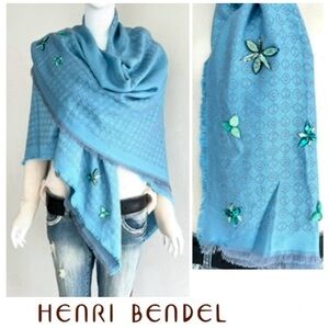 HENRI BENDEL Monogram Sequins 100% Silk Turquoise Blue X Long Wrap Shawl Scarf